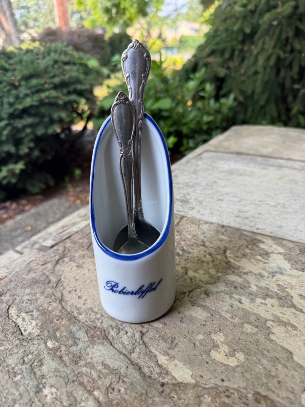 Vtg. German Ceramic Spoon Rest White W/Blue Probierloffell Pocket Vase Standing.